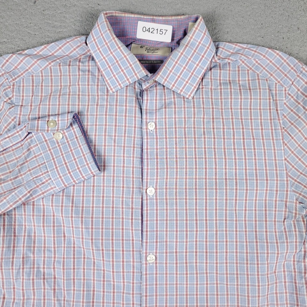 Original Penguin Mens 15.5 32/33 Blue Red Plaid Heritage Slim Fit Dress Shirt
